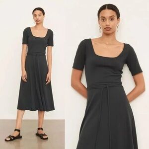 Vince Midi Dress Womens M Dark Gray Short Sleeve Square Neckline Quiet Luxury